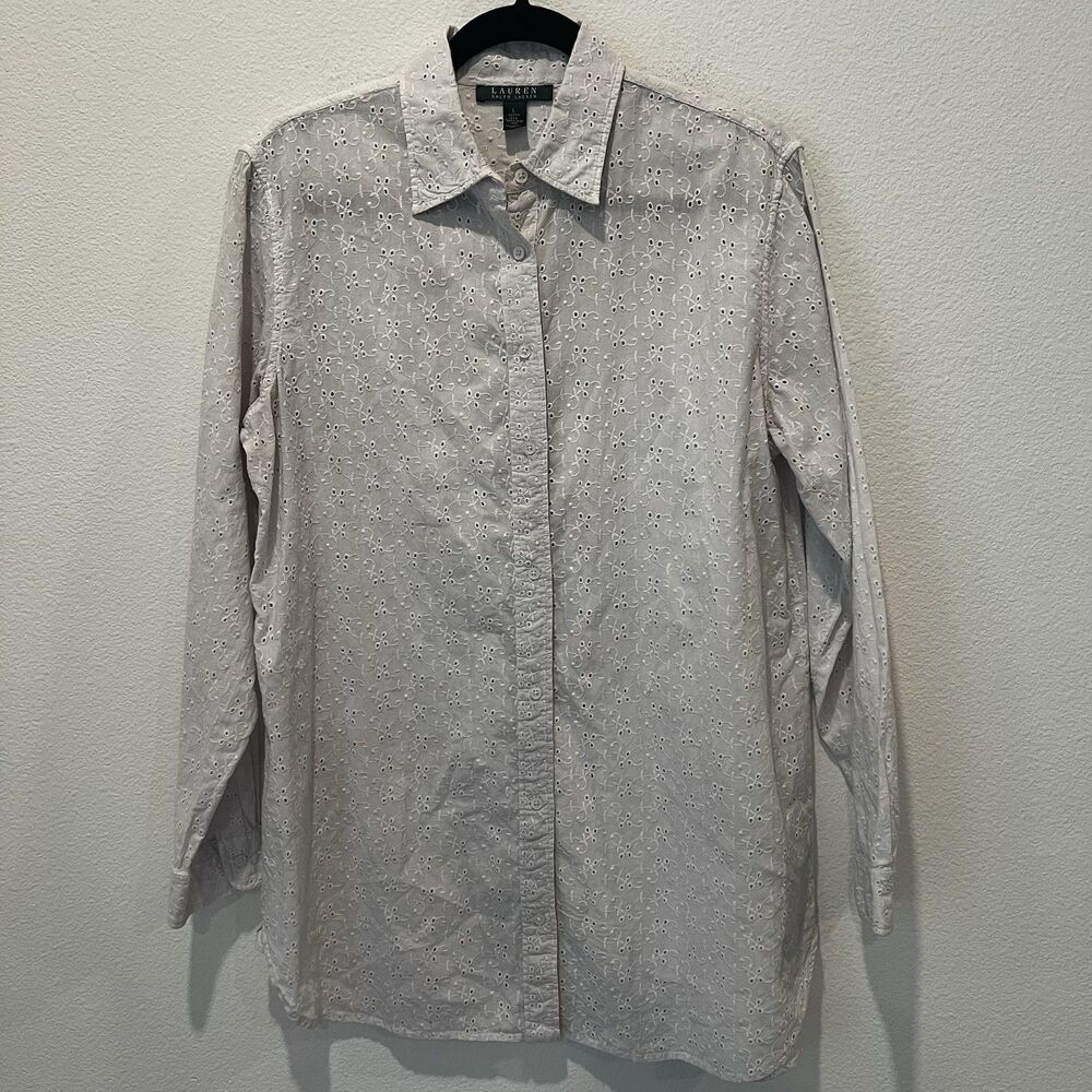 LAUREN Ralph Lauren Womens White Petite Eyelet Cotton Shirt Size L Equestrian